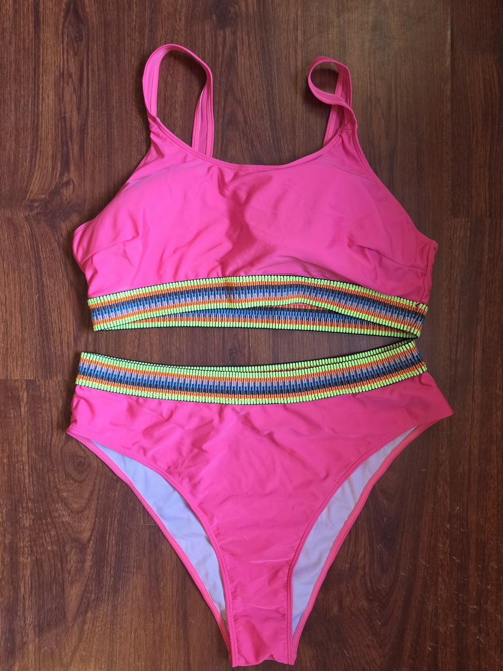 Girls' Neon Pink Two-Piece One-Piece Style Swimsuit with Rainbow Trim